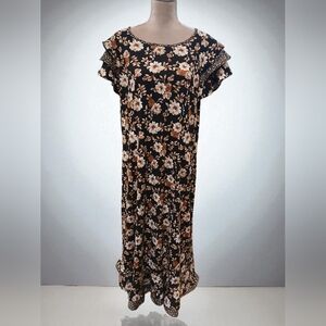 Peceptions Brown Black Tiered Ruffle Dress Womans XL Stretch Maxi Dark Floral